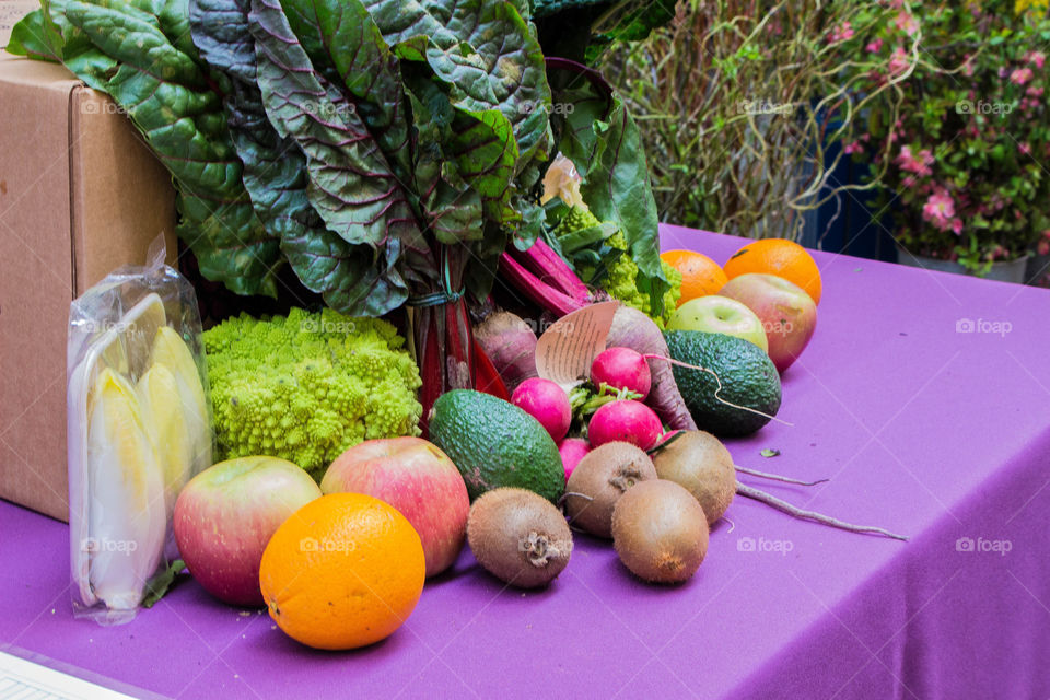 Fresh vegetables and fruits on table