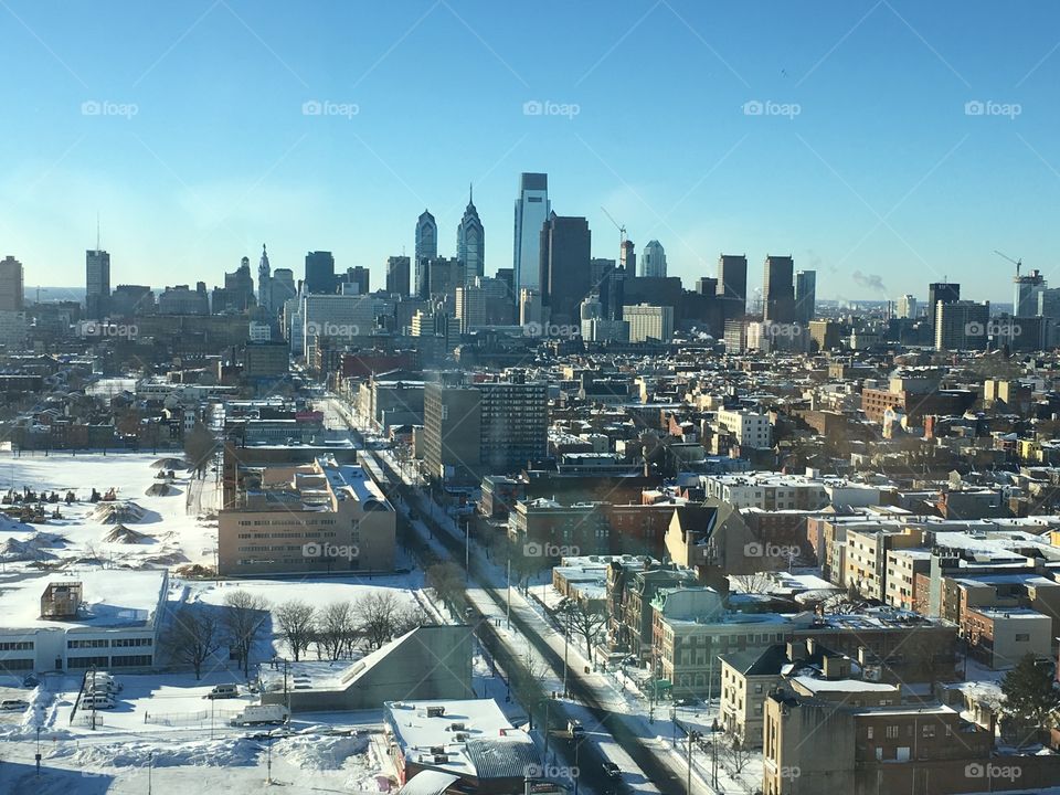 Philadelphia skyline after snow storm