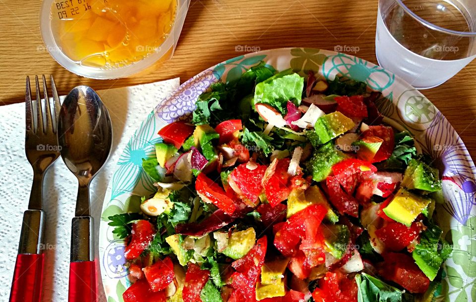 Salad for Lunch. Healthy lunch of veggie salad with fruit bowl & water.