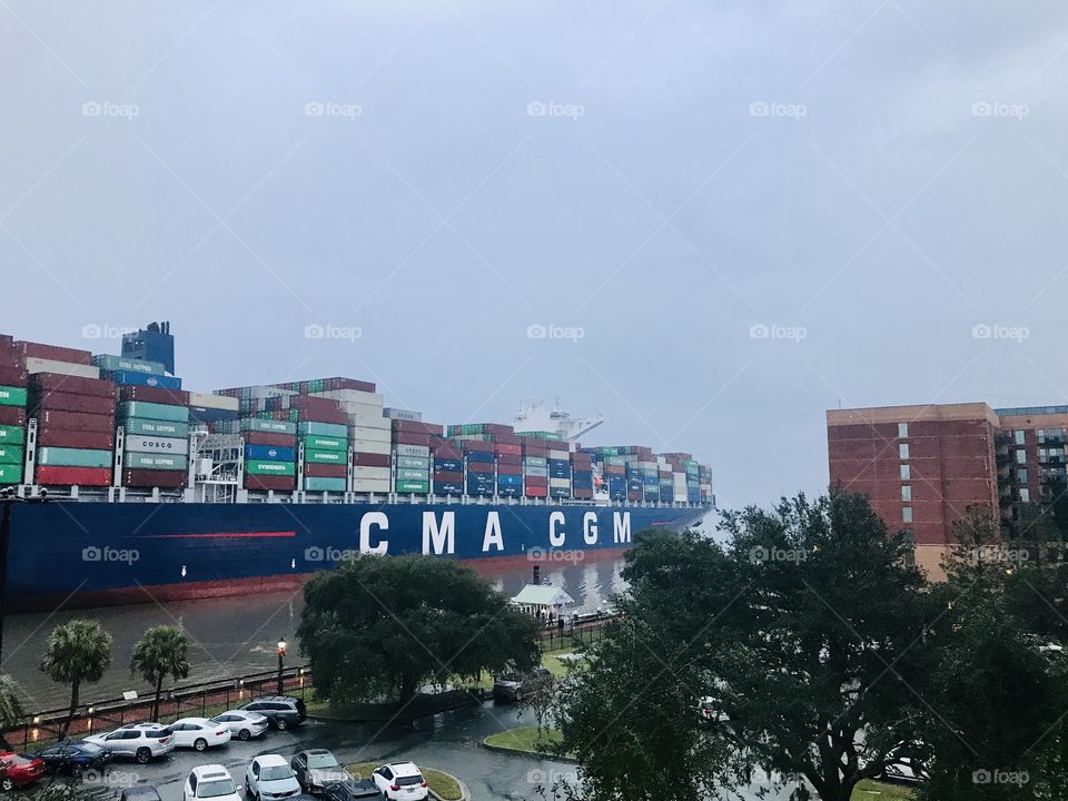 Savannah, GA Riverfront, riverfront, shipping containers, barge, Savannah, Ga, Georgia, massive, river, cars, 
