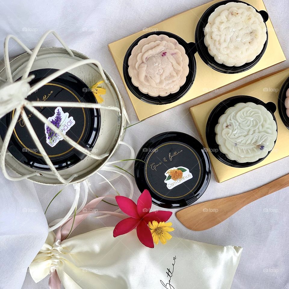 Homemade Snowskin mooncake infused with florals, for Mid Autumn festival. Comes in cherry blossom, rose, osmanthus & lavender flavours.