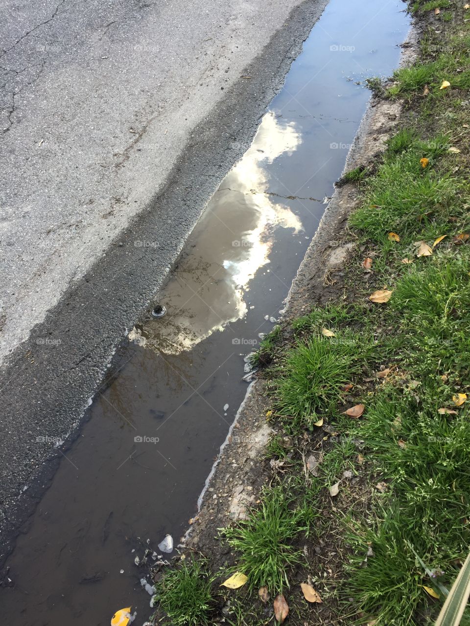Clouds reflecting in a puddle