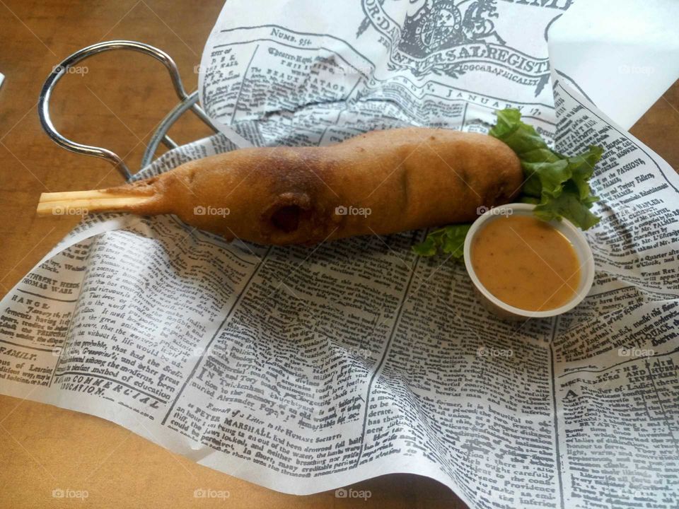 An image of a corn dog at a bar in Juneau, AK.