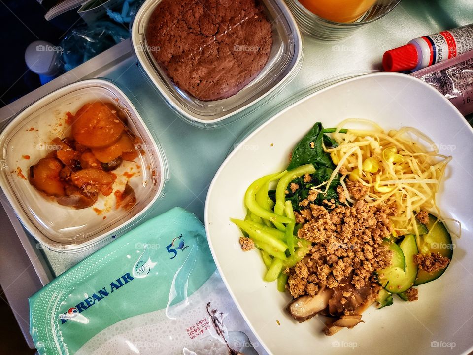 Korean Air onboard meal set. A nice and fulfilling meal for a long flight. Great hospitality too.
