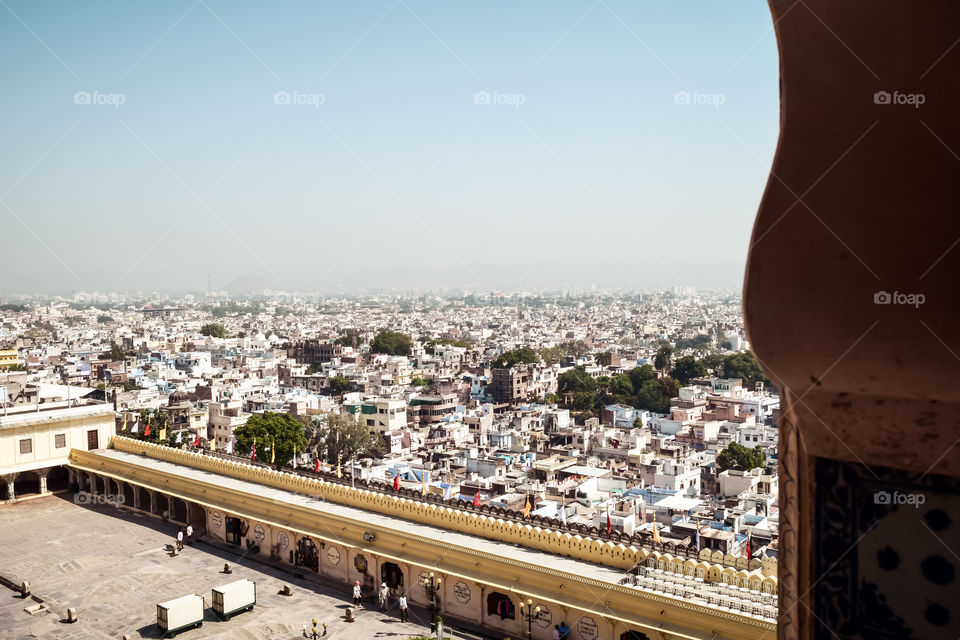 Udaipur, Rajasthan, India May 2019 - The beautiful panoramic landscape Aerial view of Udaipur City skyline. Lots of buildings can be seen in distant.