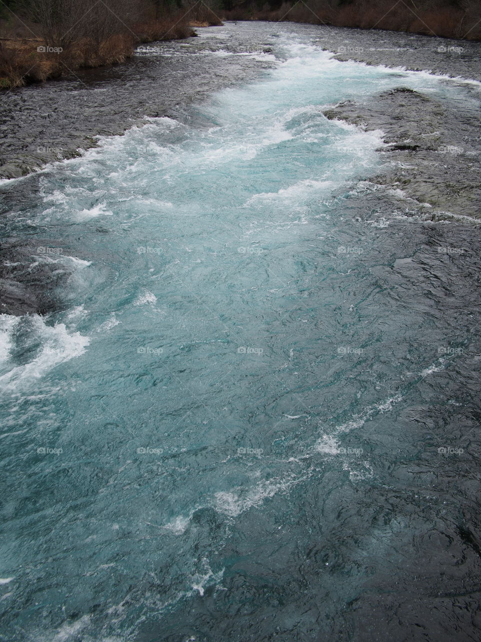 The magnificent Metolius River at Wizard Falls with a morning fog on a cold winter day. 