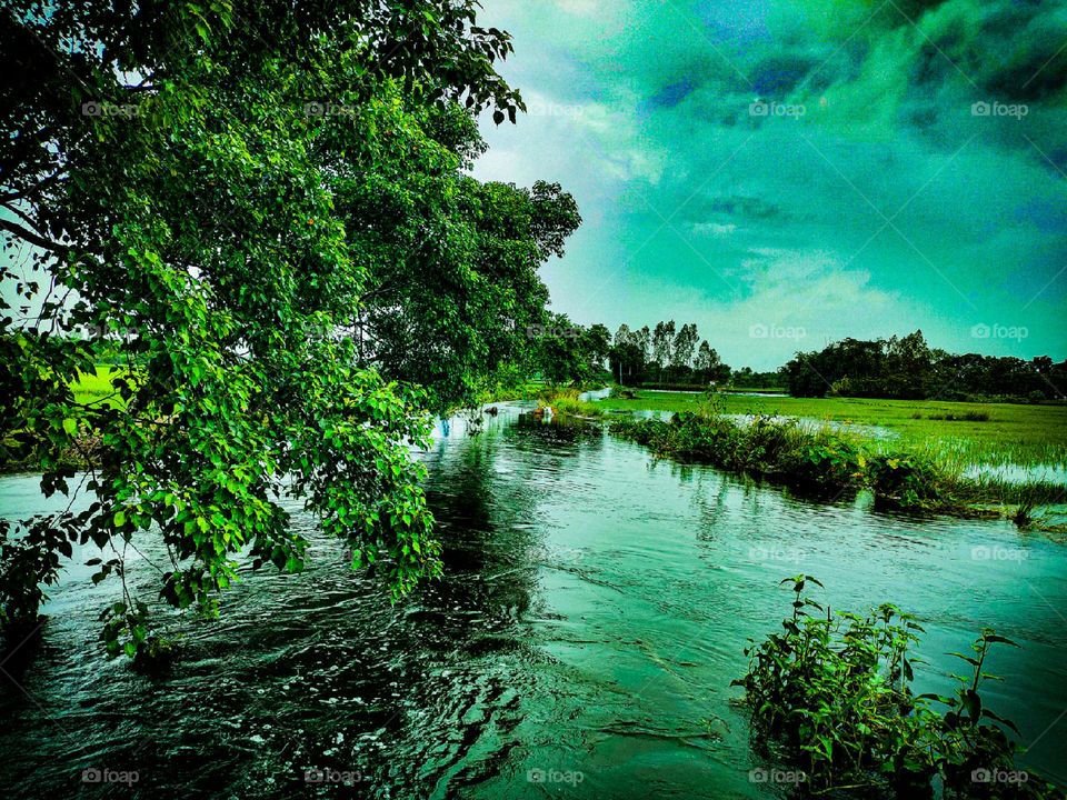 I took this photo myself. There is water in the river and clouds in the sky. This landscape looks very beautiful. This river of our village is very beautiful.