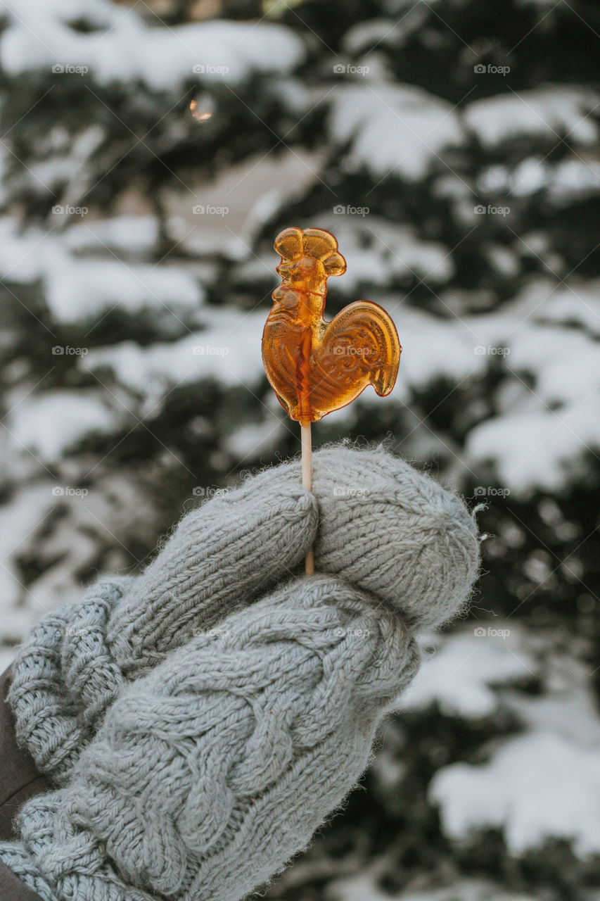 Candy on stick winter outdoors wool mittens