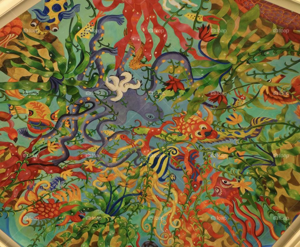 Colorful painting on the ceiling of water animals