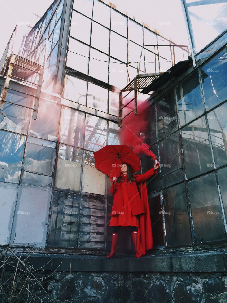 The girl in red with umbrella