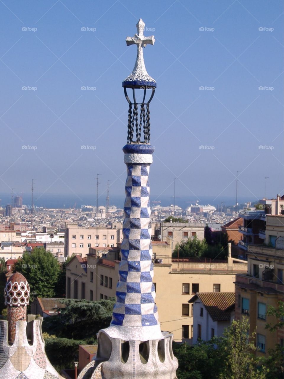 Spire on top of famous building in Park Guell. Barcelona, Spain. 