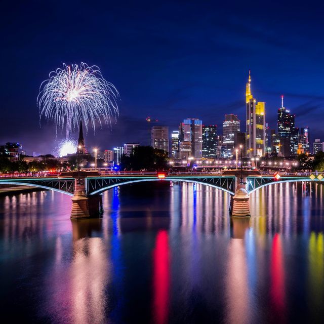 Frankfurt am Main city skyline at blue hour