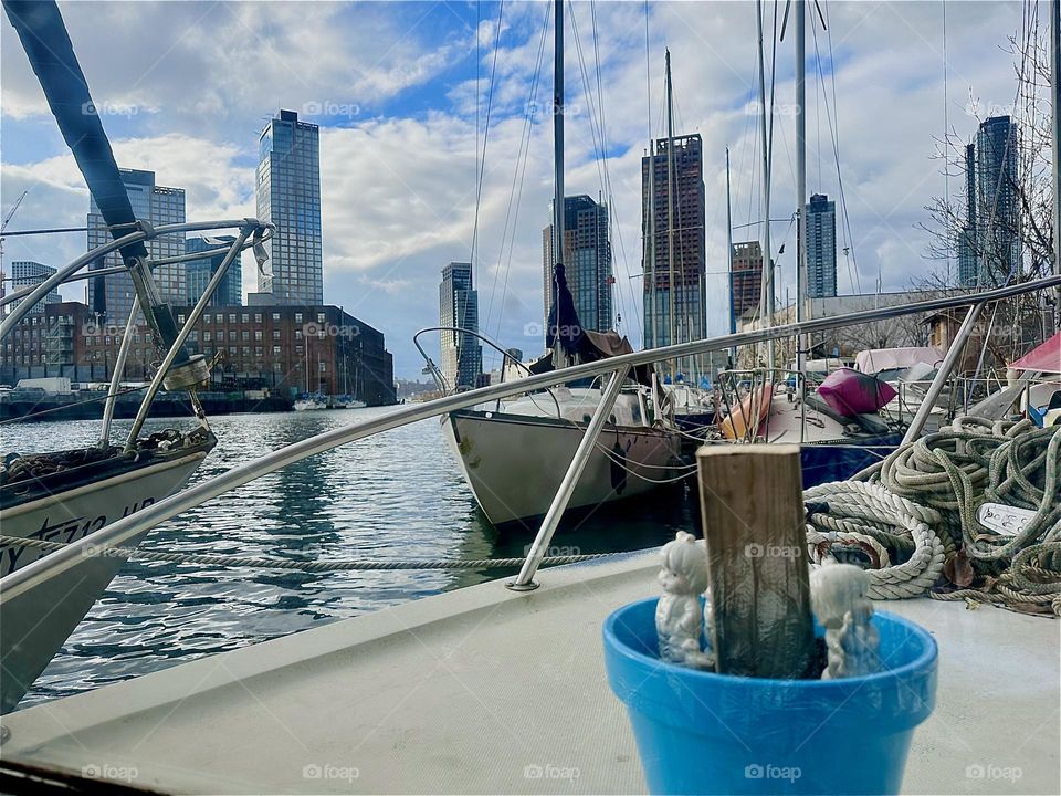 This is “Newtown Creek” seen from “Salvation”, the “28 ft 1969 Luhrs” cabin cruiser that I and my longtime partner “Timothy Trespas” call home. “Greenpoint”, Bklyn is visible on the left, LIC and “Manhattan” on the right. 2023. Hypnotic Productions