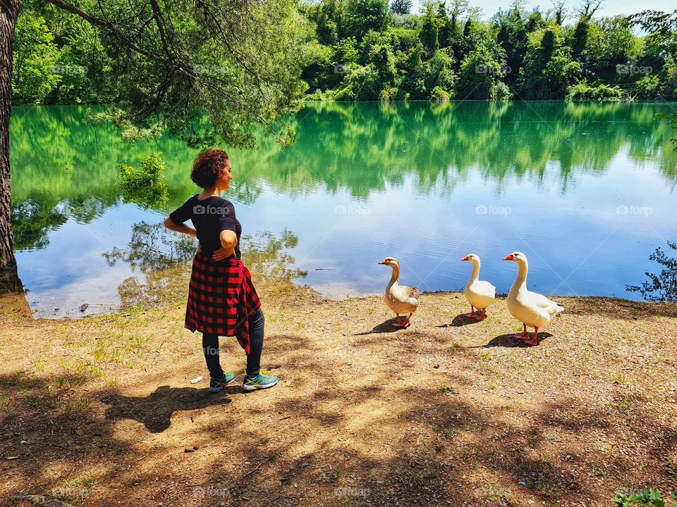 Profile hiker enjoying the beauty of Lake Penne in the company of white geese