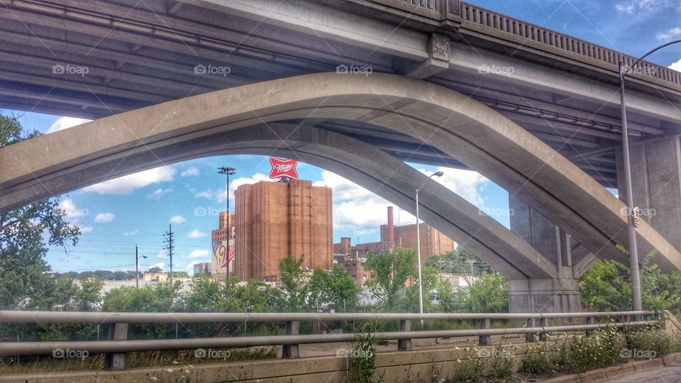 Brew City Bridge. View of Miller Brewery