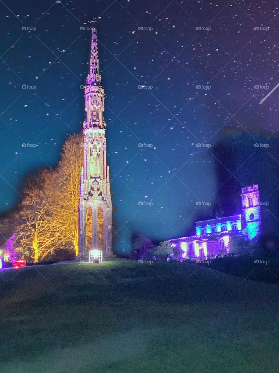 Monument lit up all festive at stourhead