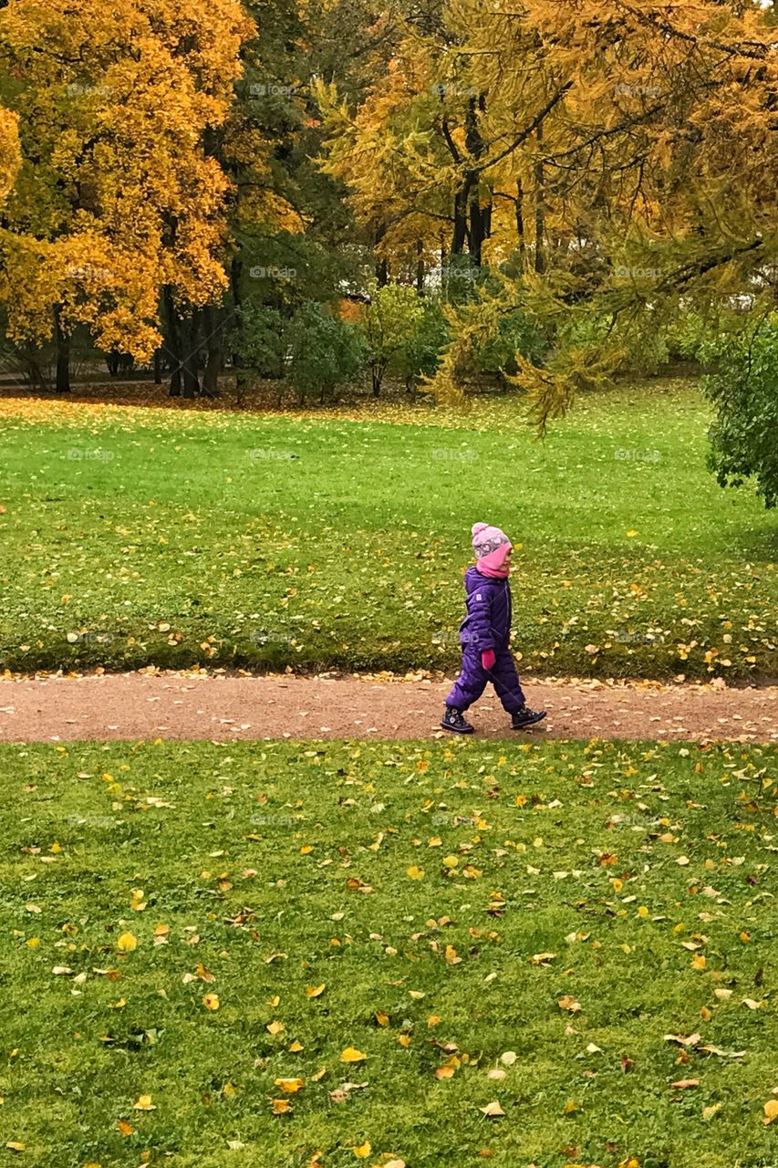 the child is walking in the autumn park