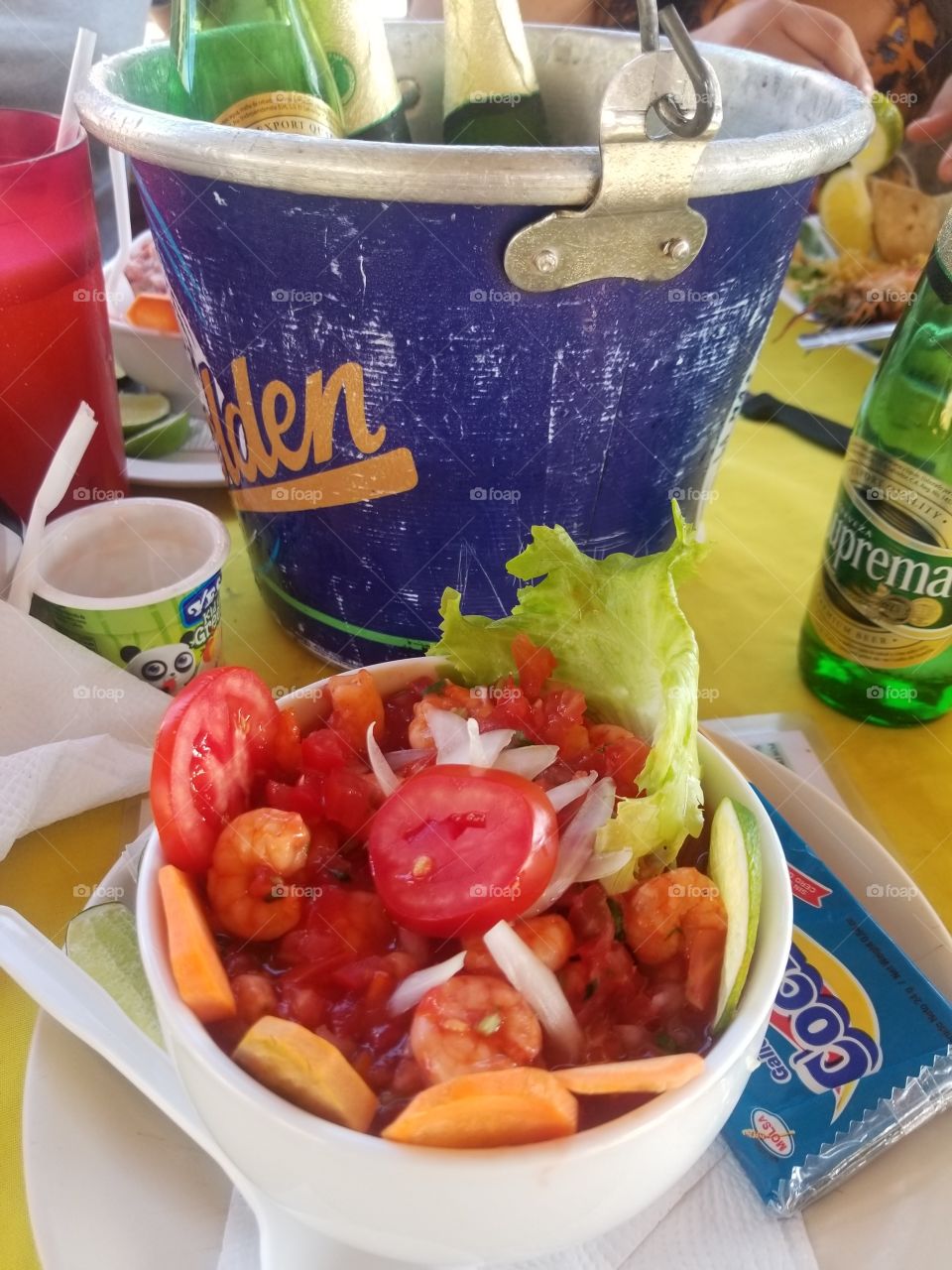 Yummy Shrimp Cocktail in El Salvador with cold bucket of beer