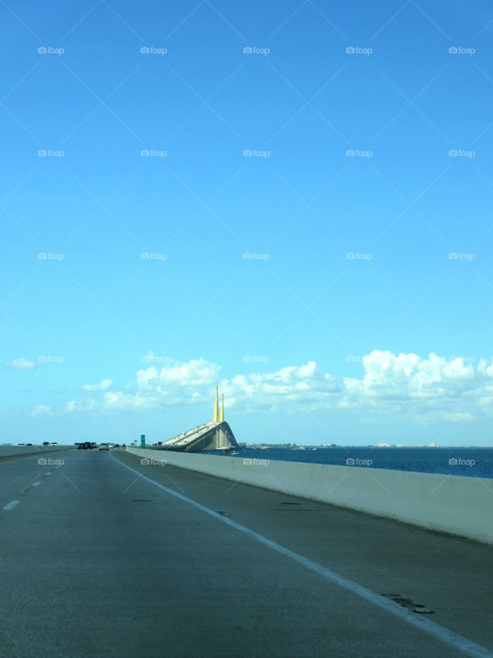 The Sunshine Skyway Bridge spanning Tampa Bay, Florida aglow in the sun