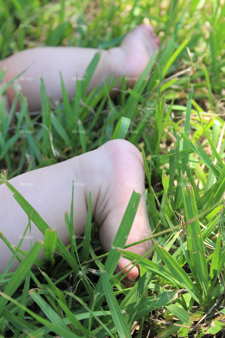 Feet of a baby laying in the grass for the first time. Laying in the grass is a fun first milestone for a baby, and a great sensory activity.