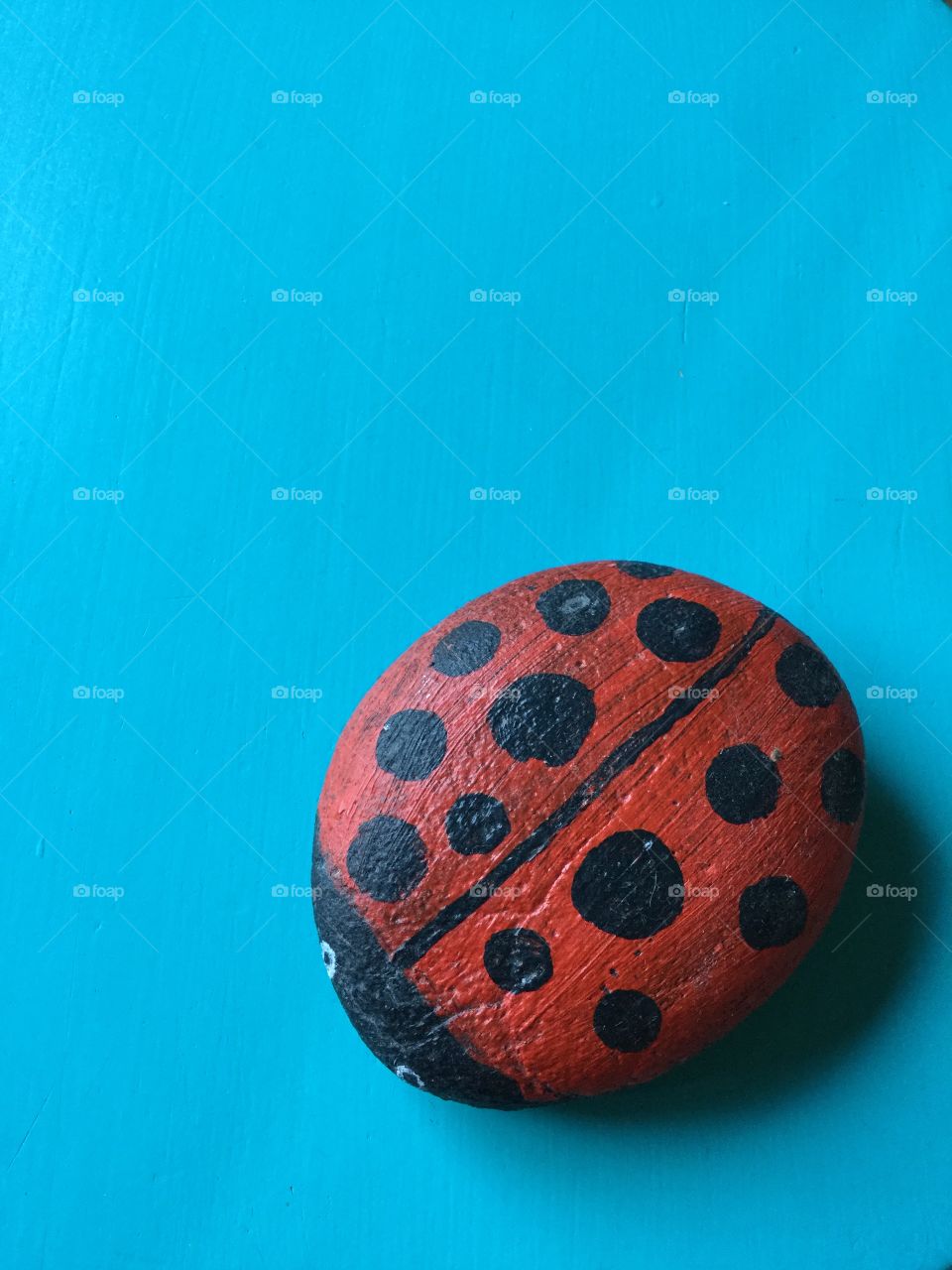 Blue background with stones painted as red ladybug with black spots. 