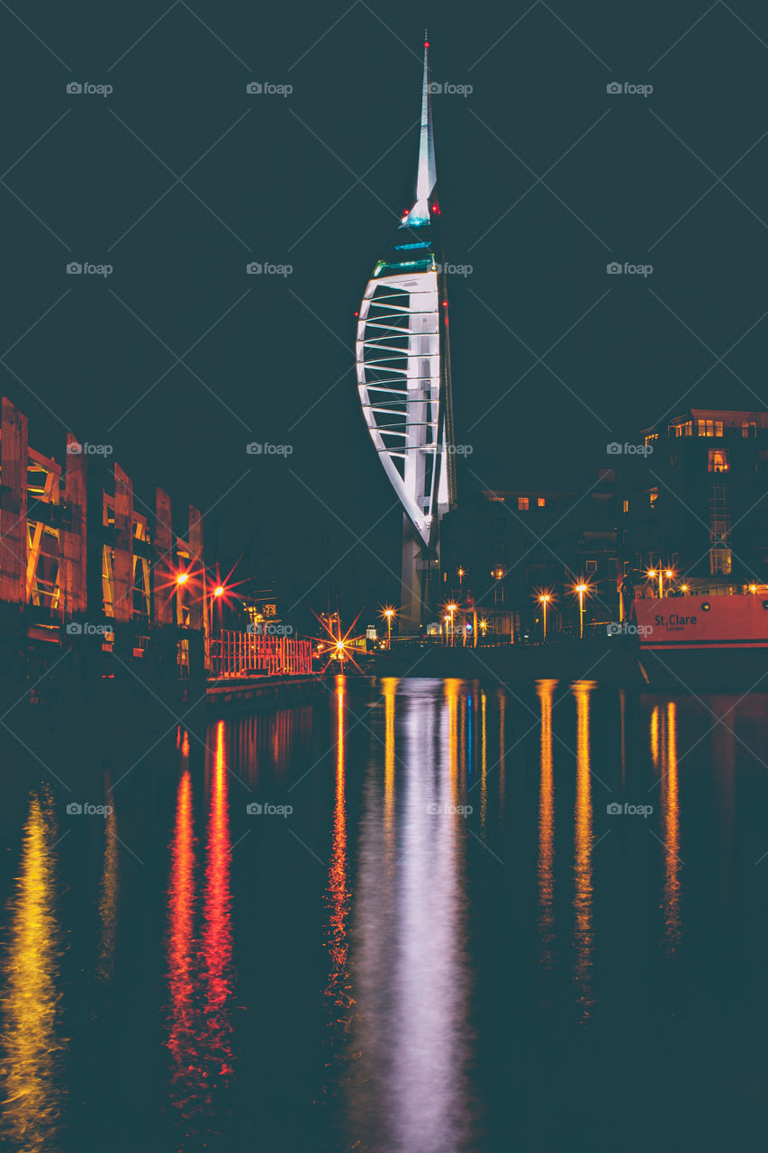 Spinnaker Tower, lit up at night a reflected in the water at Portsmouth Harbour - 2010