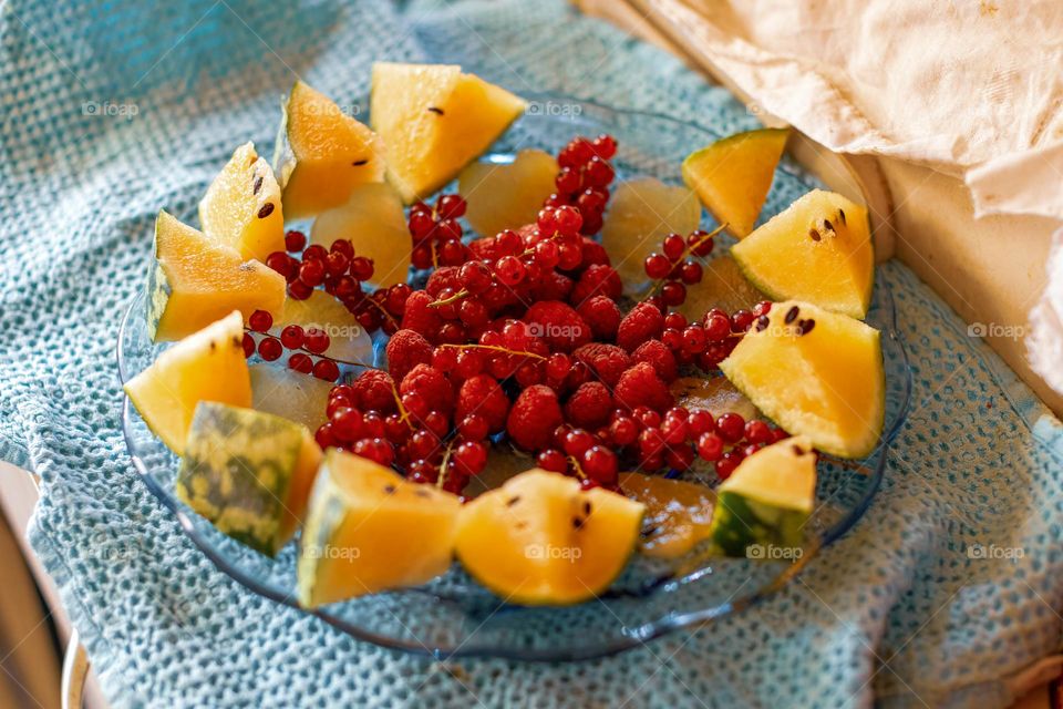 fruit mix, summer fruit: watermelon, raspberries, red currants