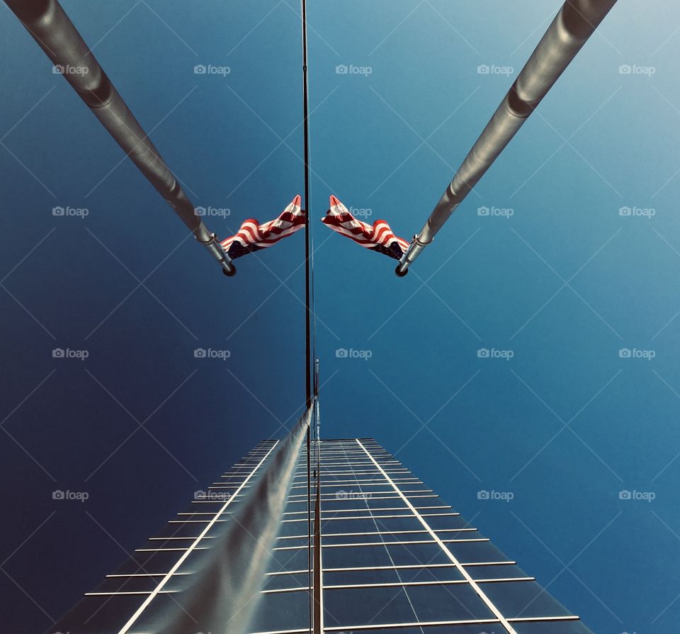 American flag with beautiful architecture 