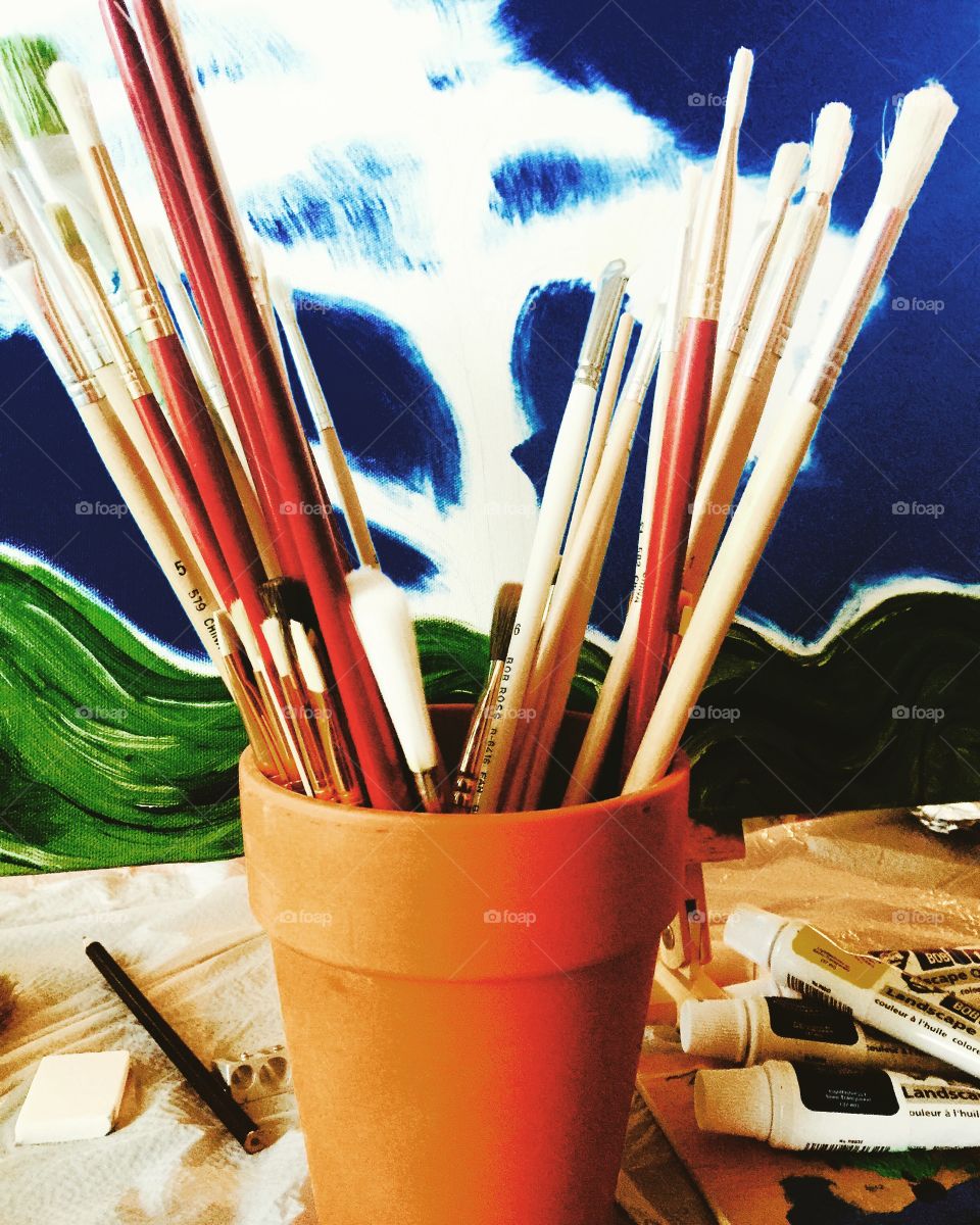 Art supplies and paintbrushes