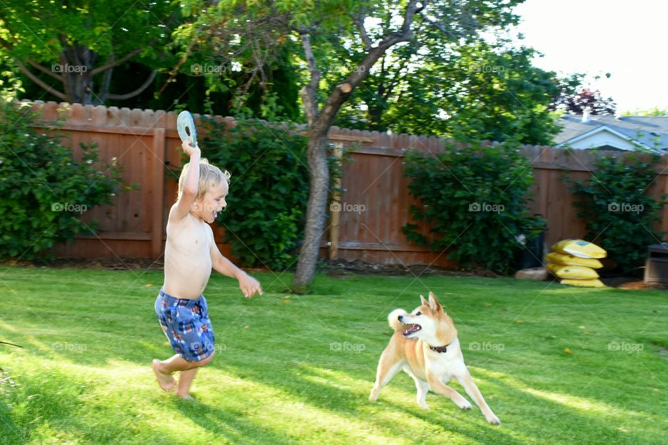 boy and dog playing
