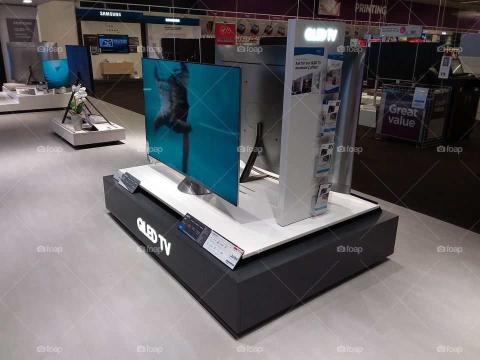 Samsung QLED televisions display at New Malden on the Tower stand