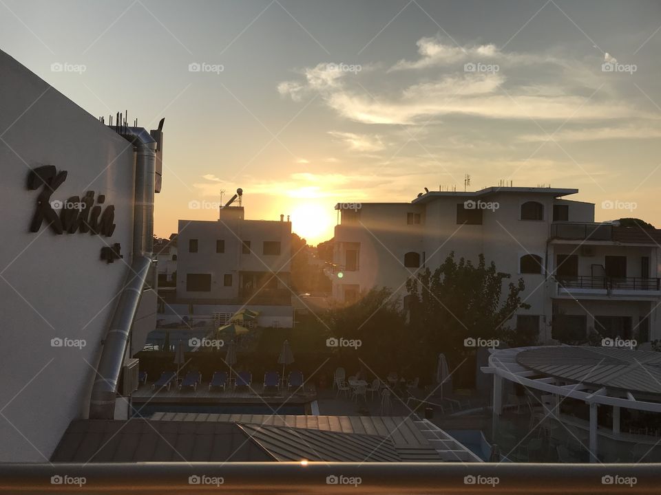 Sunrise at katia hotel on Rhodes. The hotel have two pools a cafe and many rooms.