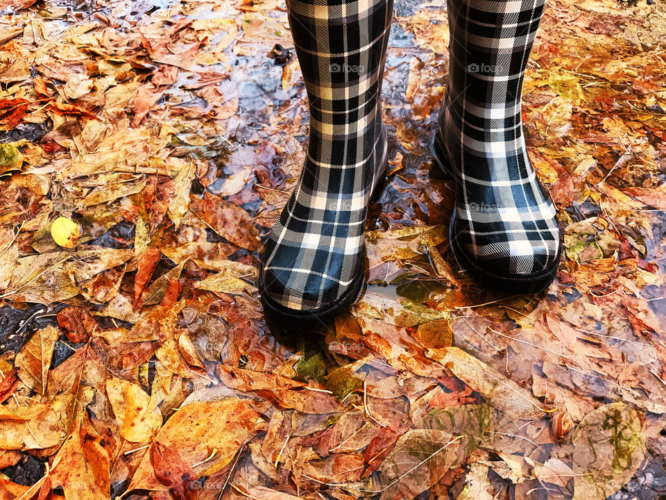 Rubber boots on wet fallen autumn leaves 