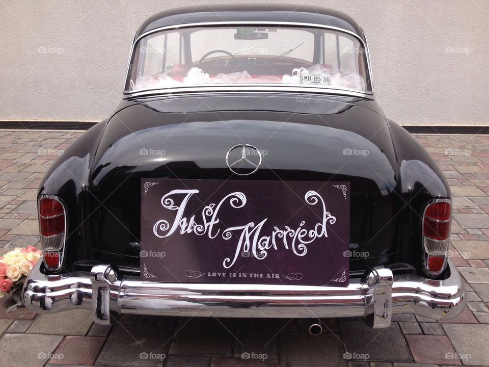 Just married vintage black Mercedes Benz