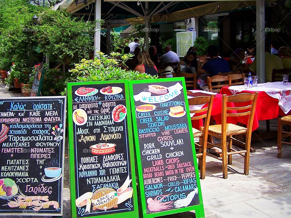 Menu for cafe in the Plaka District of Athens, Greece