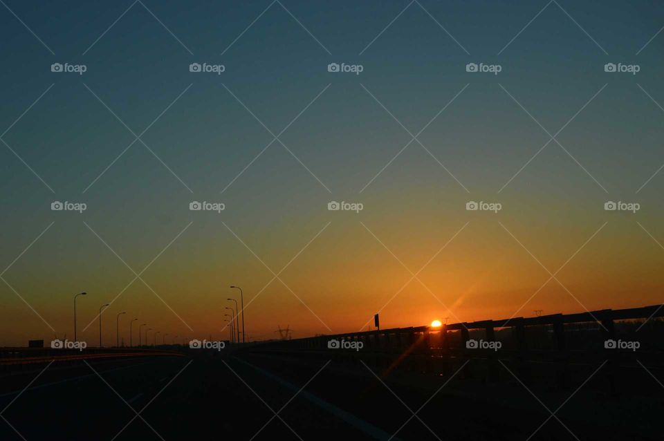 Golden hour during sunrise  on the expressway in Poland