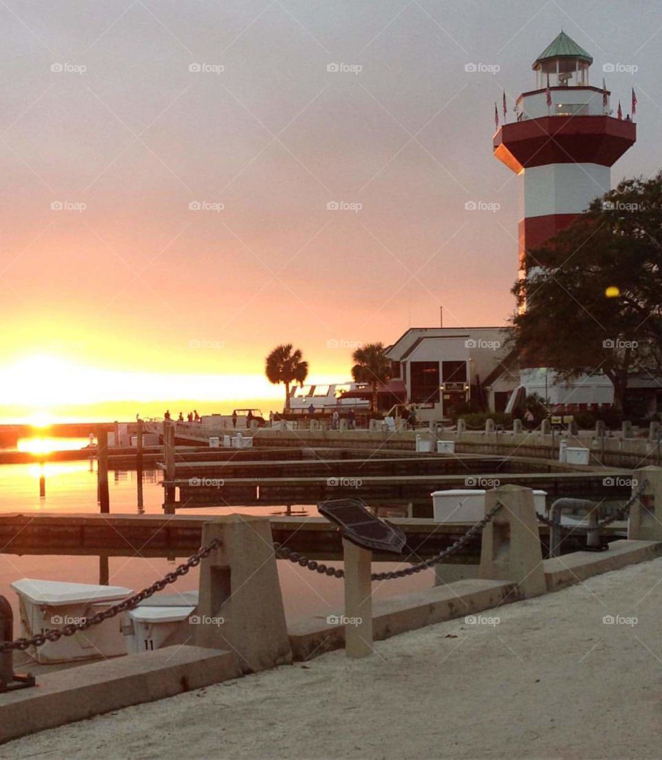 iconic Hilton Head lighthouse at sunset