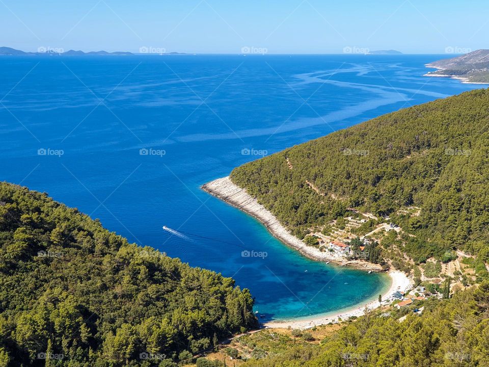 Amazing high angle view of beautiful bay with beach in Adriatic sea. Pupnatska luka is one of the most popular beaches on Korčula island in Croatia