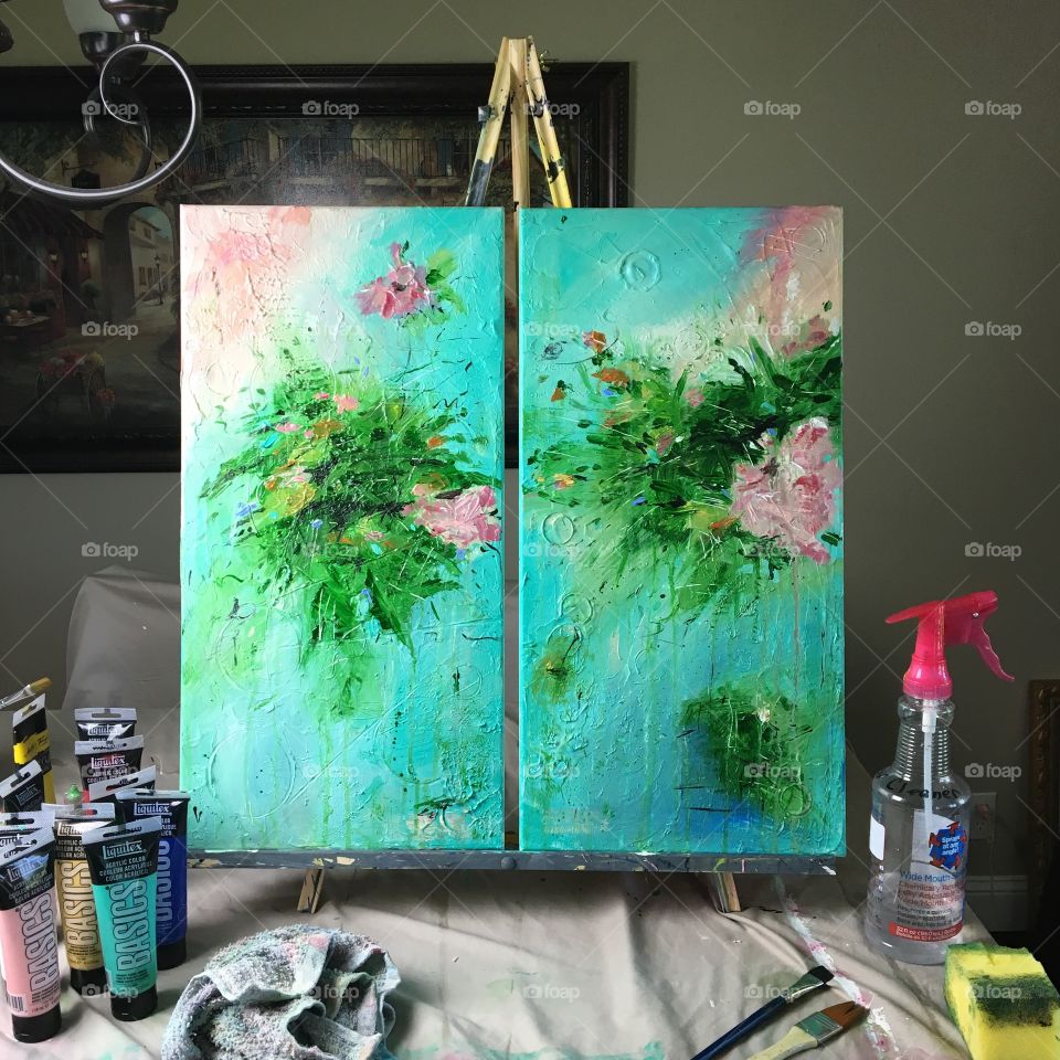 Set of Abstract Floral Paintings on an Easel with Painting Supplies