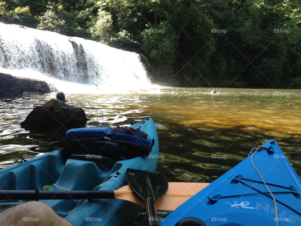 Waterfall view from kayaks. The goal of our paddle 