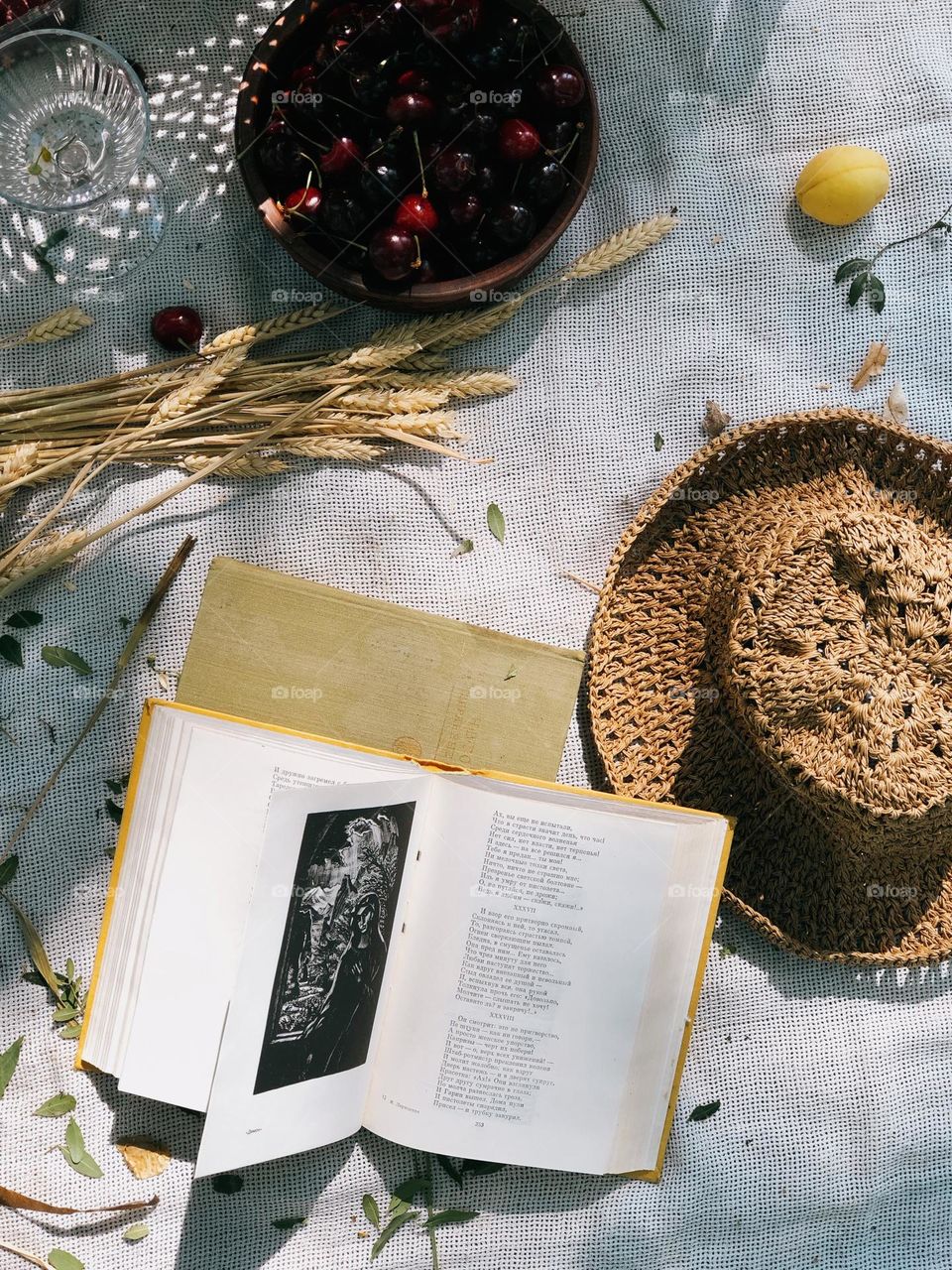 A book and a summer straw hat on a white plaid, nobody 