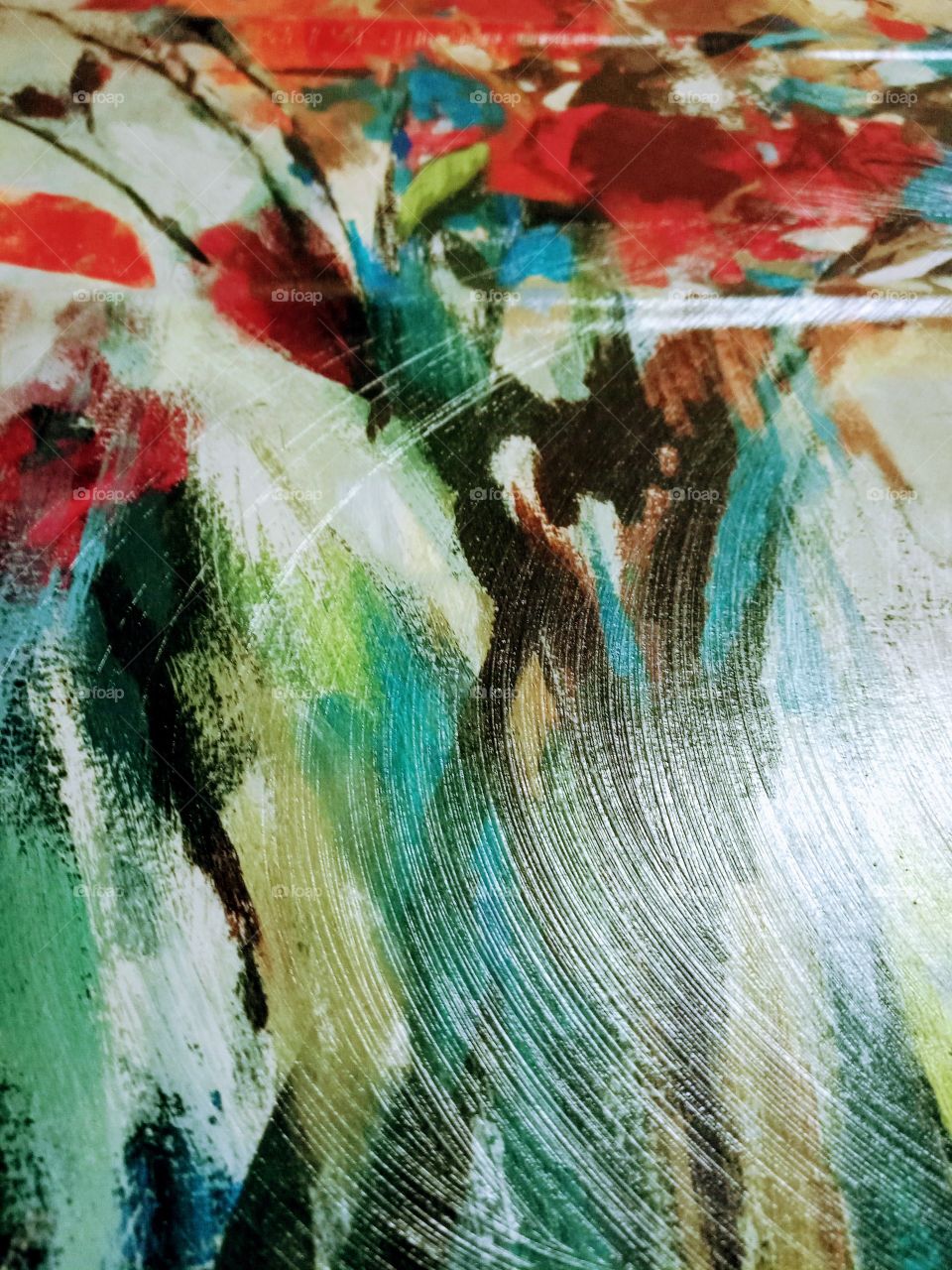 closeup of abstract painting with detailed brushstrokes.