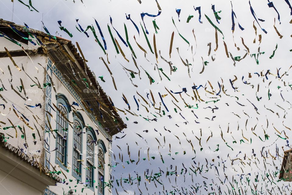 Looking up. A street  all decorated for the carnival parades in Paraty, Rio de Janeiro 