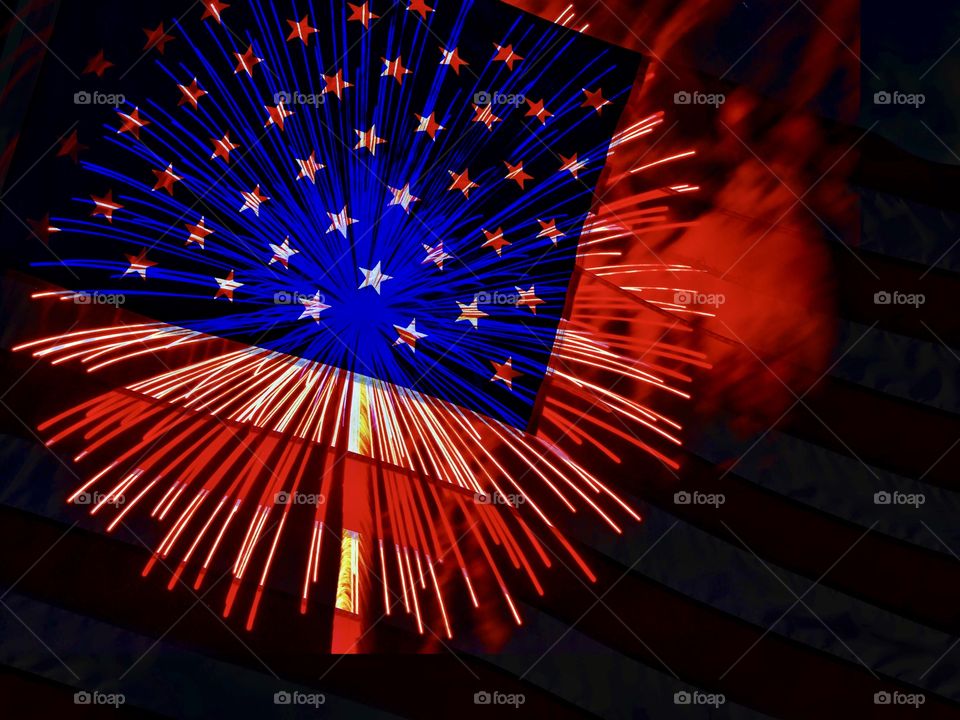 Fireworks and American flag double exposure in Indiana 