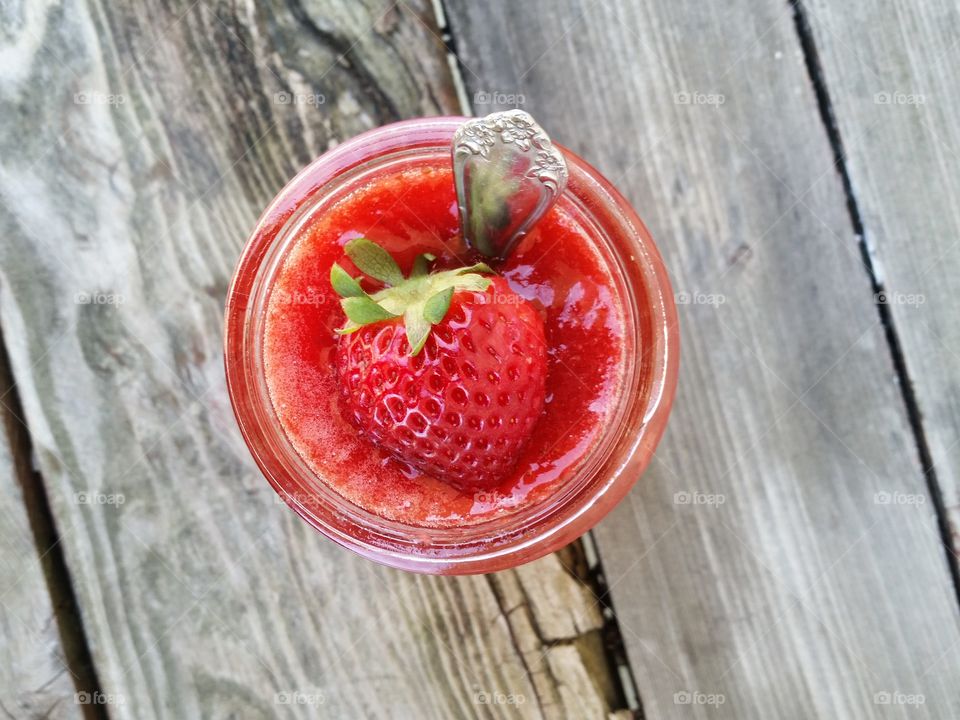High angle view of strawberry jam