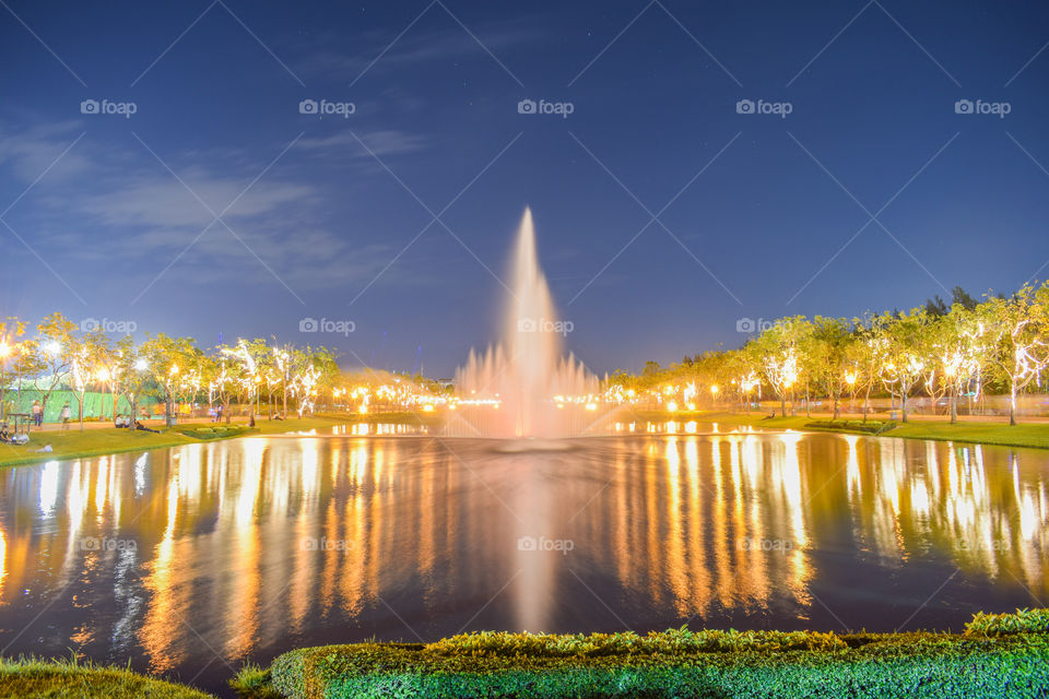 The Fountain in the Night at Public Park, Suan Luang Rama IX Public Park, Bangkok, Thailand.