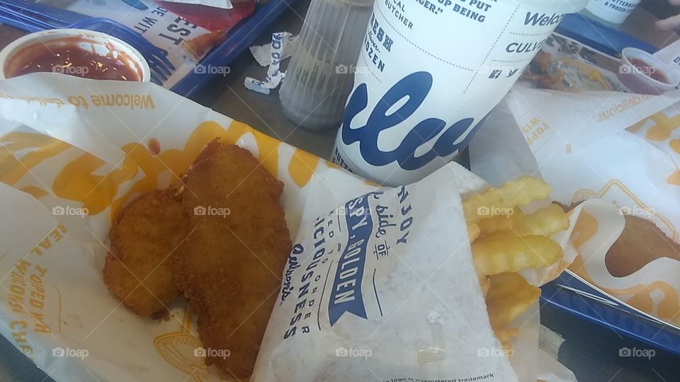 Culver's chicken, shrimp, fries and drink