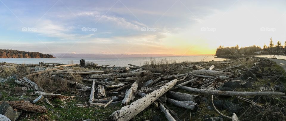 Panoramic shot of Whiffin Spit. Sooke, Vancouver Island, Canada. 