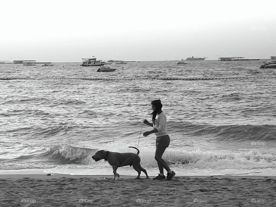 Woman and dog walking along the beach