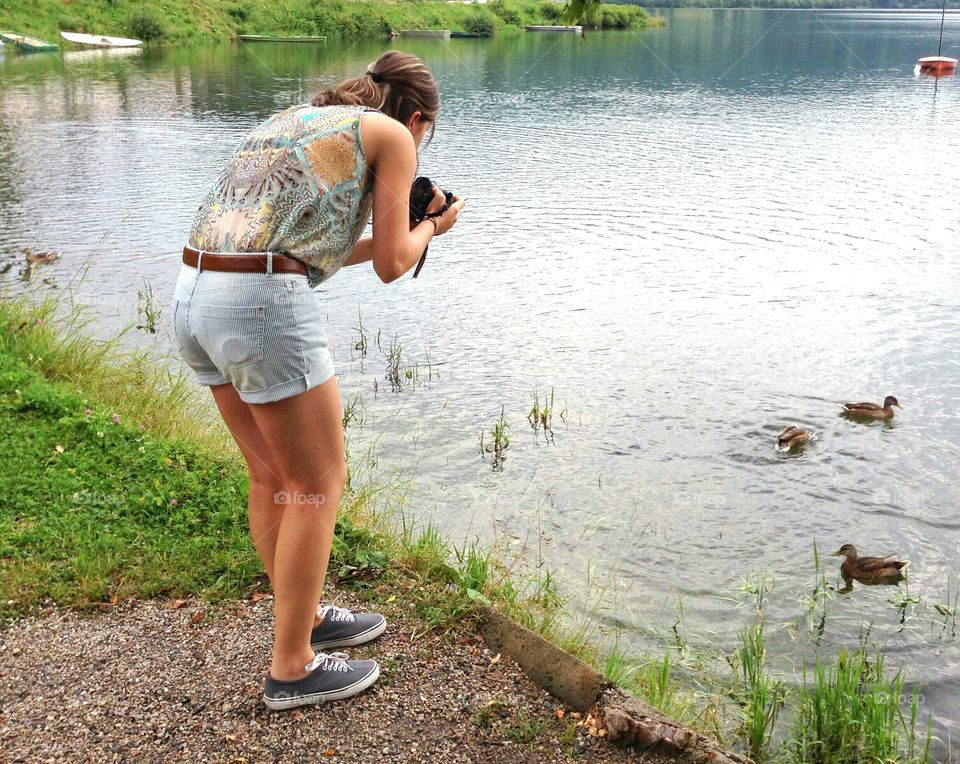 Rear view of woman taking photo of ducks